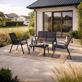 Set De Gradina Minaur, 2 Fotolii + Bancuta + Masuta, Metal, Negru