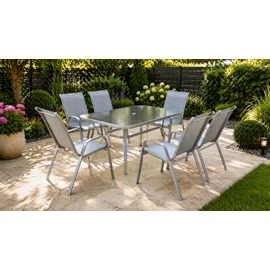 Set de Gradina/Terasa Format din 6 Scaune Sessio 54.5x72x91 cm  + Masa Stilla, 150x90x70 cm, Metal+Textilen+Lemn Stratificat, Camel