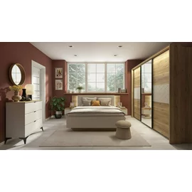 Set Dormitor Glamour, Dulap 3 Usi Glisante 280x60.5x215 cm, Pat  160x200 cm, 2 noptiere - 50x42x98 cm, Comoda 3 Sertare -85x41.5x90 cm, Pal Laminat, Stejar Mauvella/Casmir