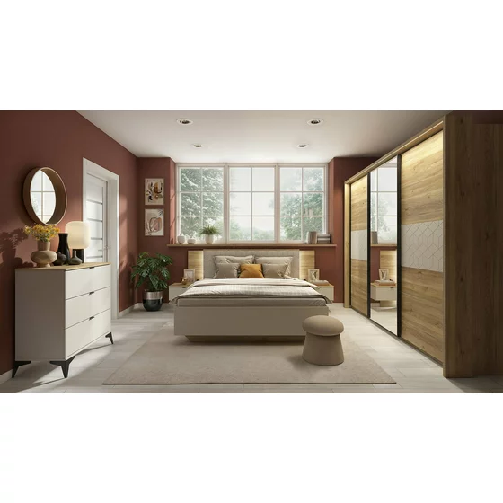 Set Dormitor Glamour, Dulap 3 Usi Glisante 280x60.5x215 cm, Pat  160x200 cm, 2 noptiere - 50x42x98 cm, Comoda 3 Sertare -85x41.5x90 cm, Pal Laminat, Stejar Mauvella/Casmir picture - 1