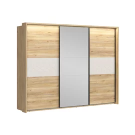 Set Dormitor Glamour, Dulap 3 Usi Glisante 280x60.5x215 cm, Pat  160x200 cm, 2 noptiere - 50x42x98 cm, Comoda 3 Sertare -85x41.5x90 cm, Pal Laminat, Stejar Mauvella/Casmir