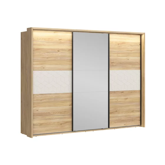 Set Dormitor Glamour, Dulap 3 Usi Glisante 280x60.5x215 cm, Pat  160x200 cm, 2 noptiere - 50x42x98 cm, Comoda 3 Sertare -85x41.5x90 cm, Pal Laminat, Stejar Mauvella/Casmir picture - 2