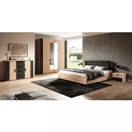 Set Dormitor Sigma, Dulap Usi Culisante 200x64x213 cm, Pat, Noptiere, Comoda, Stejar Artisan/Negru Mat