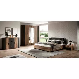 Set Dormitor Sigma, Dulap Usi Culisante 200x64x213 cm, Pat, Noptiere, Comoda, Stejar Flagstaff/Negru Mat