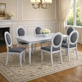Set Masa Extensibila Clover + 6 Scaune Benoni, 160-200x90x76 h cm, Lemn/MDF, Alb