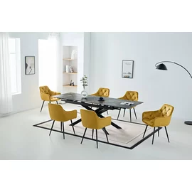 Set Masa Extensibila Cross, 160-200-240x90x76 h cm, Picior Metalic, Blat Ceramic, Negru Sand + 6 Scaune Marek Curry