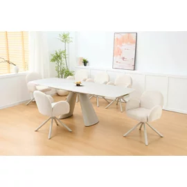 Set Masa Extensibila Volare, 165-240x90x76 cm, Metal/Piatra Sinterizata, Gri Deschis cu Beige Nisip + 6 Scaune Velora