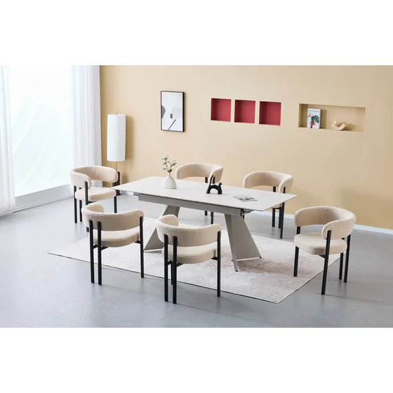 Set Masa Masa Extensibila Baco, 160-200x90x76 h cm, Picior Metalic, Blat Ceramic, Glossy Panodra + 6 Scaune Kallo Crem picture - 1