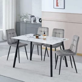 Set Masa Thor Blat Ceramic, Negru/Alb Marmura 140x80x75 + 4 Scaune Madison Gri