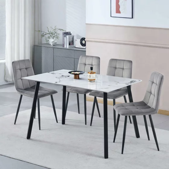 Set Masa Thor Blat Ceramic, Negru/Alb Marmura 140x80x75 + 4 Scaune Madison Gri picture - 1