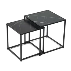 Set Masute de Cafea Duetta, 38x38x41 h cm + 35x35x38 cm, Metal/Pal Melaminat, Negru Marmura