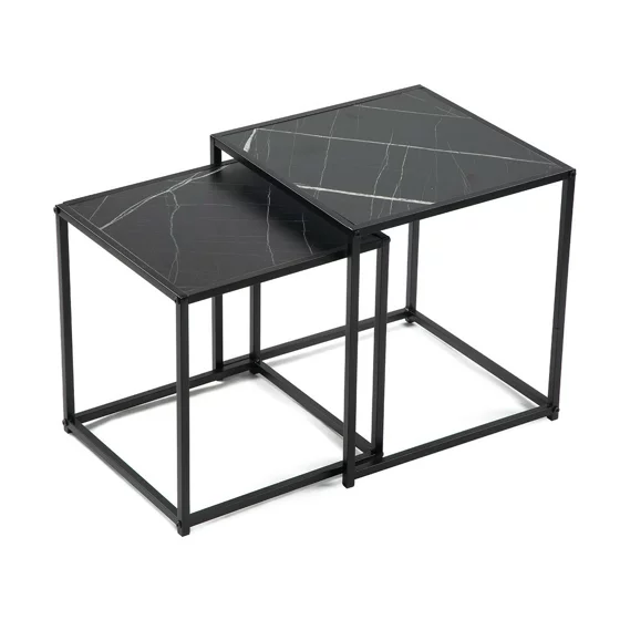 Set Masute de Cafea Duetta, 38x38x41 h cm + 35x35x38 cm, Metal/Pal Melaminat, Negru Marmura picture - 1