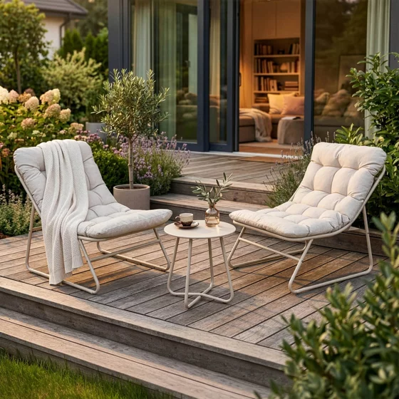 Set Mobilier De Gradina Nikea, Beige/Perne Gri Deschis, 2 Fotolii + Masuta, 70x105x90 cm, Metal/Stofa picture - 1