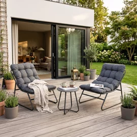 Set Mobilier De Gradina Nikea, Negru/Perne Gri, 2 Fotolii + Masuta, 70x105x90 cm, Metal/Stofa
