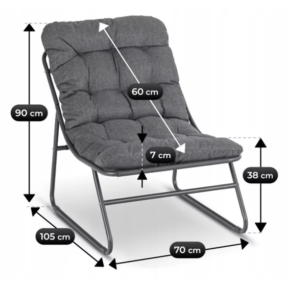 Set Mobilier De Gradina Nikea, Negru/Perne Gri, 2 Fotolii + Masuta, 70x105x90 cm, Metal/Stofa picture - 6
