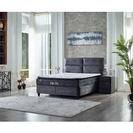 Set Pat Tapitat cu spatiu de depozitare, saltea si noptiere incluse FOCUS, 160x200 cm, Gri