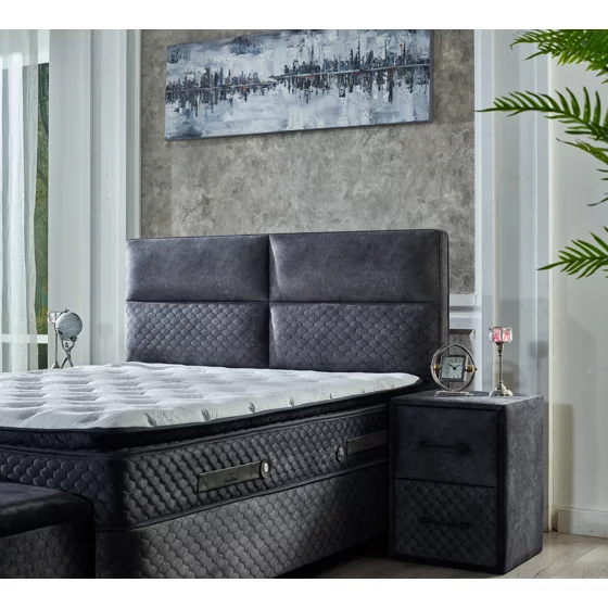 Set Pat Tapitat cu spatiu de depozitare, saltea si noptiere incluse FOCUS, 160x200 cm, Gri picture - 2