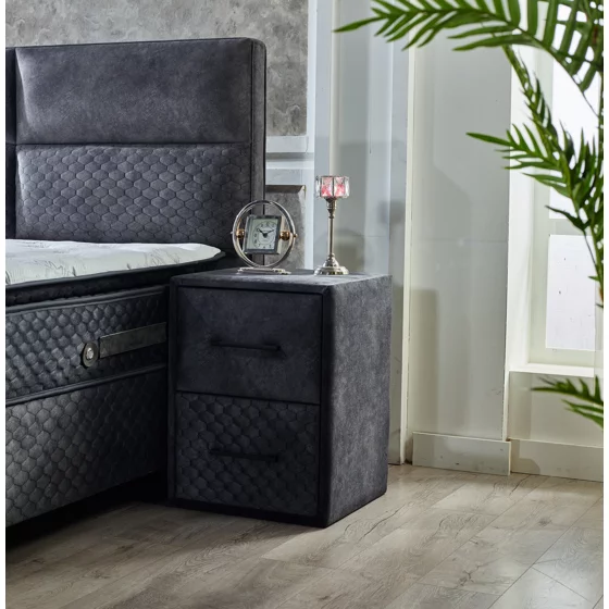 Set Pat Tapitat cu spatiu de depozitare, saltea si noptiere incluse FOCUS, 160x200 cm, Gri picture - 4