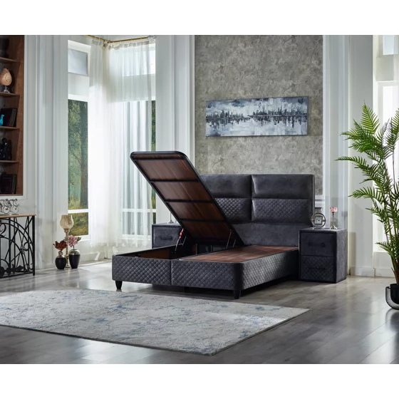 Set Pat Tapitat cu spatiu de depozitare, saltea si noptiere incluse FOCUS, 160x200 cm, Gri picture - 6