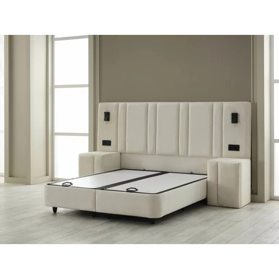 Set Pat Tapitat cu spatiu de depozitare si noptiere Jardel, 160x200 cm, Lampi Led, Crem picture - 2