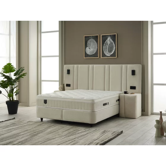 Set Pat Tapitat cu spatiu de depozitare si noptiere Jardel, 160x200 cm, Lampi Led, Crem picture - 1