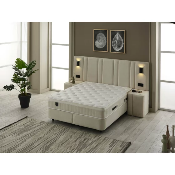 Set Pat Tapitat cu spatiu de depozitare si noptiere Jardel, 160x200 cm, Lampi Led, Crem picture - 6