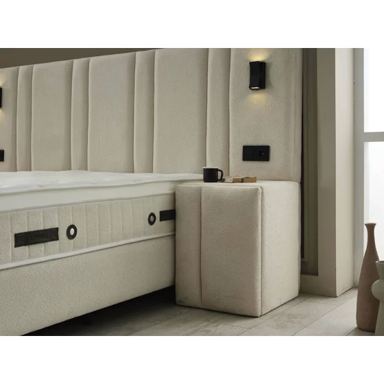 Set Pat Tapitat cu spatiu de depozitare si noptiere Jardel, 160x200 cm, Lampi Led, Crem picture - 9