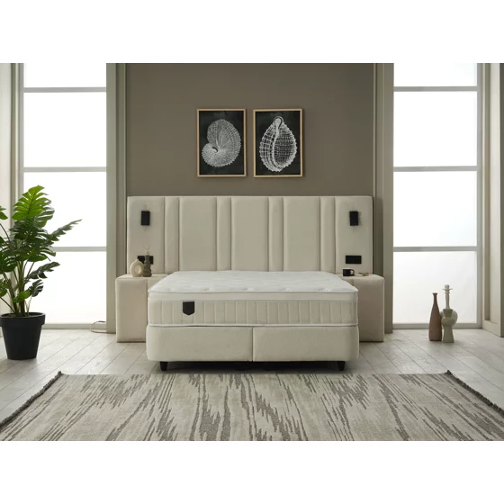 Set Pat Tapitat cu spatiu de depozitare si noptiere Jardel, 160x200 cm, Lampi Led, Crem picture - 10