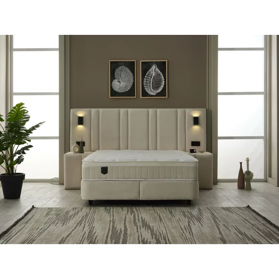 Set Pat Tapitat cu spatiu de depozitare si noptiere Jardel, 160x200 cm, Lampi Led, Crem picture - 11