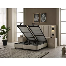 Set Pat Tapitat cu spatiu de depozitare si noptiere Jardel, 160x200 cm, Lampi Led, Crem
