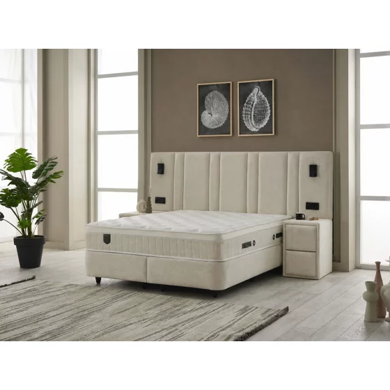 Set Pat Tapitat cu spatiu de depozitare si noptiere Jardel, 160x200 cm, Lampi Led, Crem picture - 3