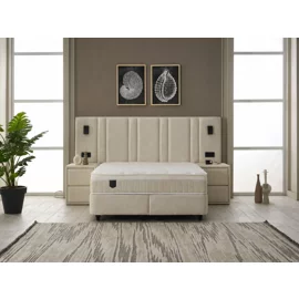 Set Pat Tapitat cu spatiu de depozitare si noptiere Jardel, 160x200 cm, Lampi Led, Crem