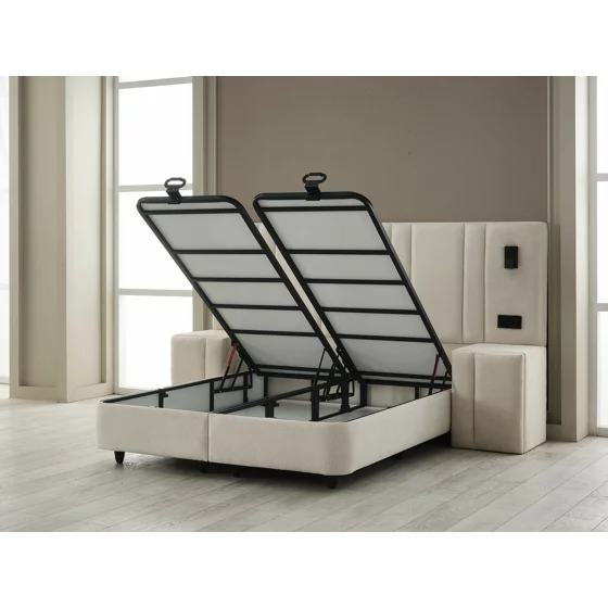 Set Pat Tapitat cu spatiu de depozitare si noptiere Jardel, 180x200 cm, Lampi Led, Crem picture - 3