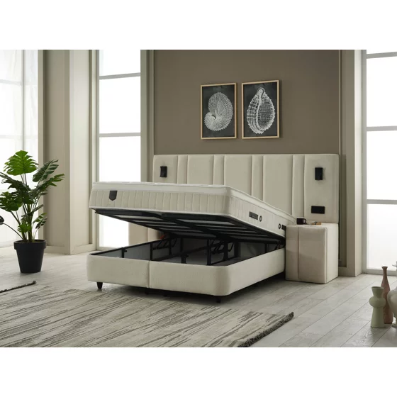 Set Pat Tapitat cu spatiu de depozitare si noptiere Jardel, 180x200 cm, Lampi Led, Crem picture - 5
