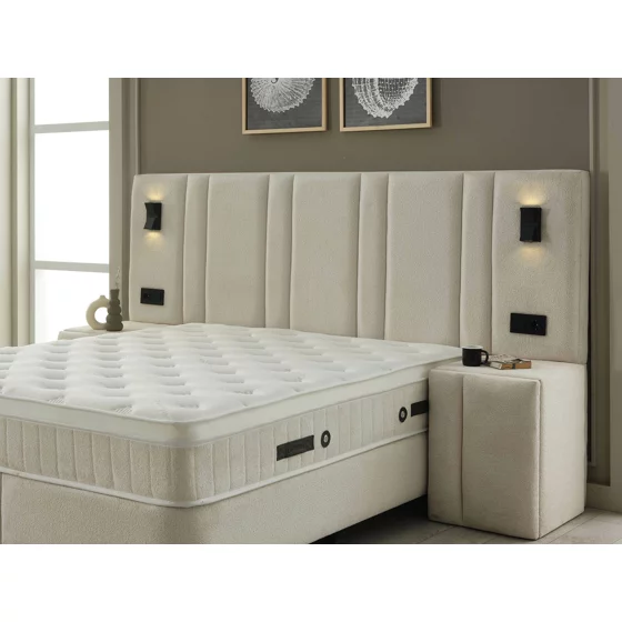 Set Pat Tapitat cu spatiu de depozitare si noptiere Jardel, 180x200 cm, Lampi Led, Crem picture - 7