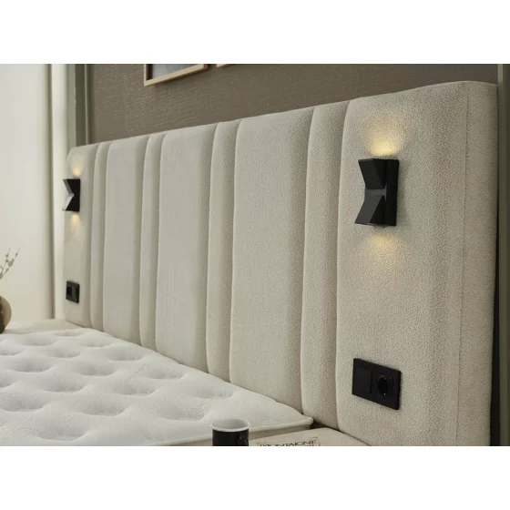 Set Pat Tapitat cu spatiu de depozitare si noptiere Jardel, 180x200 cm, Lampi Led, Crem picture - 8