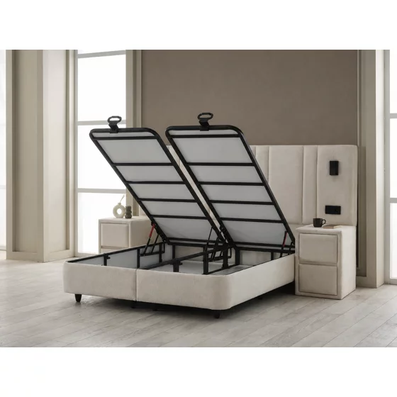 Set Pat Tapitat cu spatiu de depozitare si noptiere Jardel, 180x200 cm, Lampi Led, Crem picture - 4