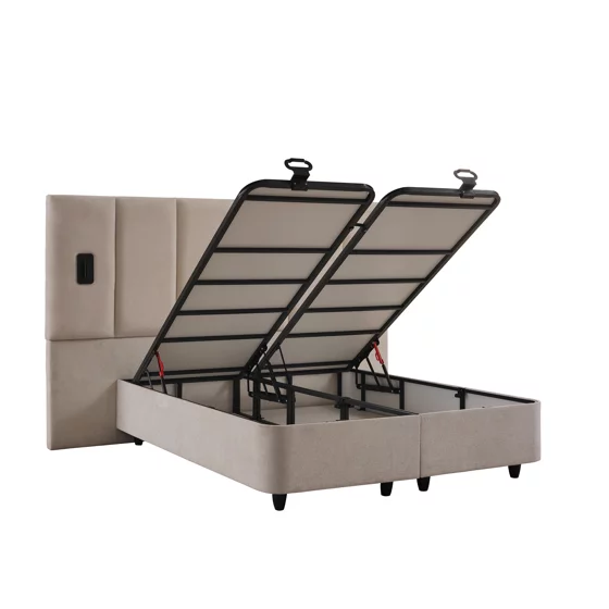 Set Pat Tapitat cu spatiu de depozitare si noptiere PIER, 160x200 cm, Lampi Led, Crem picture - 3