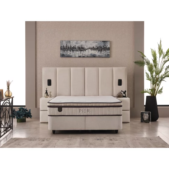 Set Pat Tapitat cu spatiu de depozitare si noptiere PIER, 160x200 cm, Lampi Led, Crem picture - 8