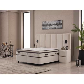 Set Pat Tapitat cu spatiu de depozitare si noptiere PIER, 160x200 cm, Lampi Led, Crem