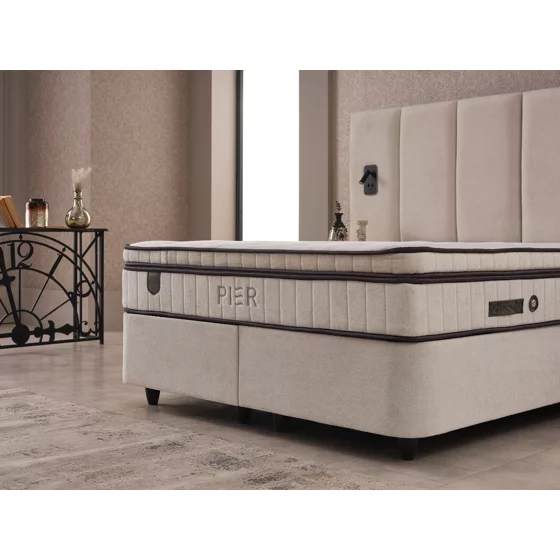 Set Pat Tapitat cu spatiu de depozitare si noptiere PIER, 160x200 cm, Lampi Led, Crem picture - 10