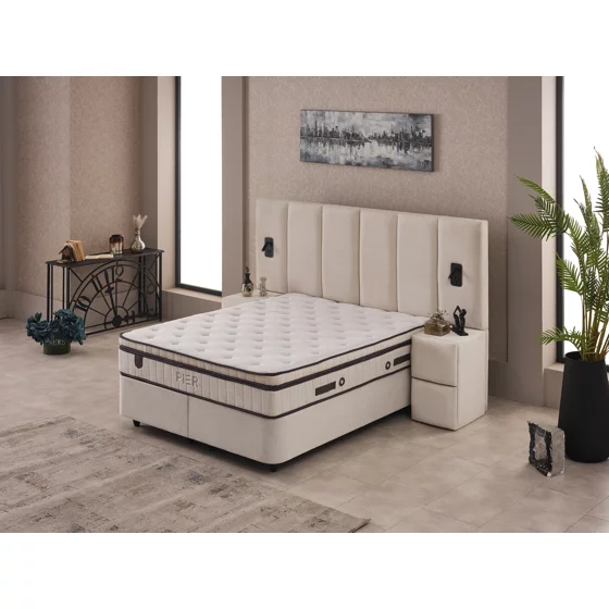 Set Pat Tapitat cu spatiu de depozitare si noptiere PIER, 160x200 cm, Lampi Led, Crem picture - 11