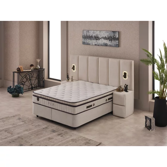 Set Pat Tapitat cu spatiu de depozitare si noptiere PIER, 160x200 cm, Lampi Led, Crem picture - 7