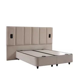 Set Pat Tapitat cu spatiu de depozitare si noptiere PIER, 180x200 cm, Lampi Led, Crem