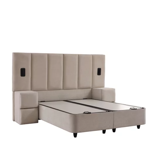 Set Pat Tapitat cu spatiu de depozitare si noptiere PIER, 180x200 cm, Lampi Led, Crem picture - 4