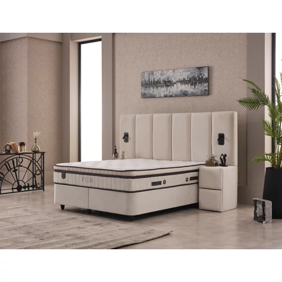 Set Pat Tapitat cu spatiu de depozitare si noptiere PIER, 180x200 cm, Lampi Led, Crem picture - 1