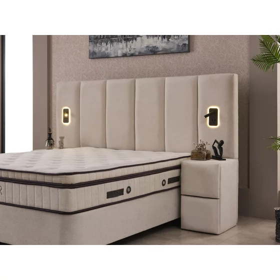 Set Pat Tapitat cu spatiu de depozitare si noptiere PIER, 180x200 cm, Lampi Led, Crem picture - 12