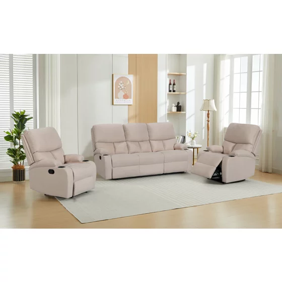 Set Recliner ASTHA 3R+1R+1R, Canapea 3R - 187x94x102, Fotoliu - 79x94x102 cm, Stofa, Beige picture - 1