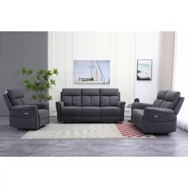 Set Recliner Baxter, Canapea 3 Locuri + Canapea 2 Locuri + Fotoliu, Actionare Electrica, Stofa Gri