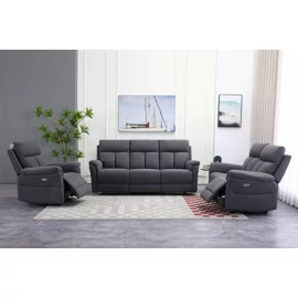 Set Recliner Baxter, Canapea 3 Locuri + Canapea 2 Locuri + Fotoliu, Actionare Electrica, Stofa Gri